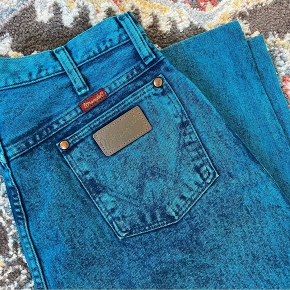 Rare Vintage Wrangler Teal Acid Wash Straight Leg High Rise Jeans- Size 15 - Picture 4 of 12